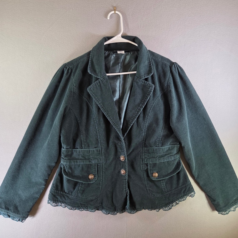 Pyramid Collection Green Corduroy Lace Trim Blazer Jacket Victorian Academia L